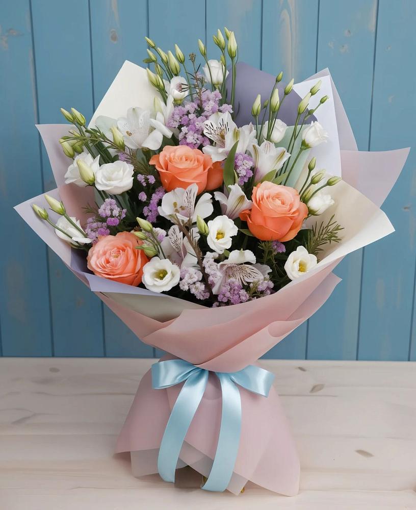 Букет цветов из: Лизиантусы, Розы, Альстромерии и Гипсофила в Горбово