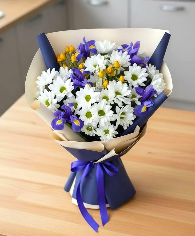 Букет цветов из: Розы, Ирисы и Хризантемы в Горбово