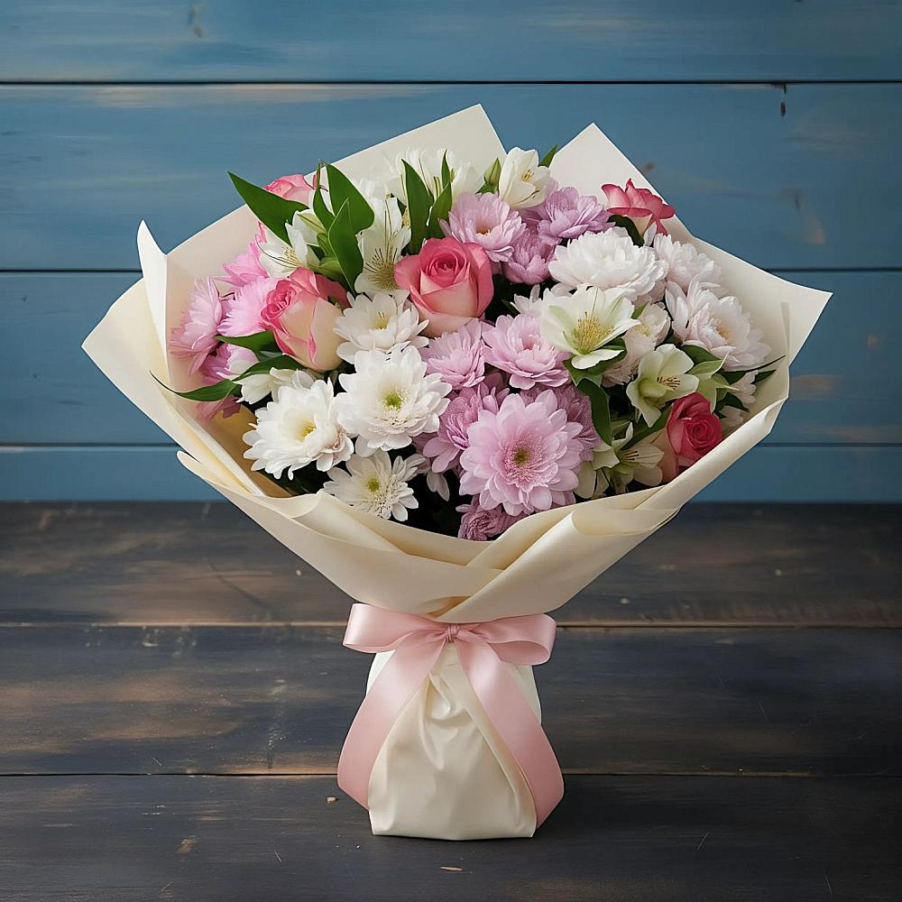 Букет цветов из: Хризантемы, Альстромерии и Розы в Горбово